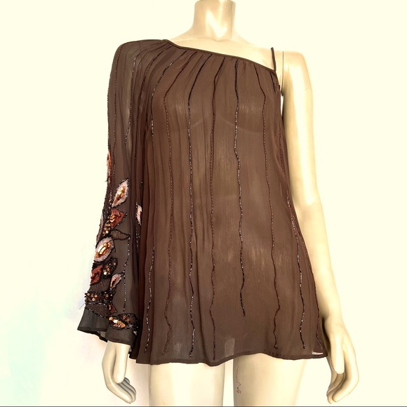Vintage Brown Chiffon Off Shoulder One Sleeve Top - Picture 7 of 12